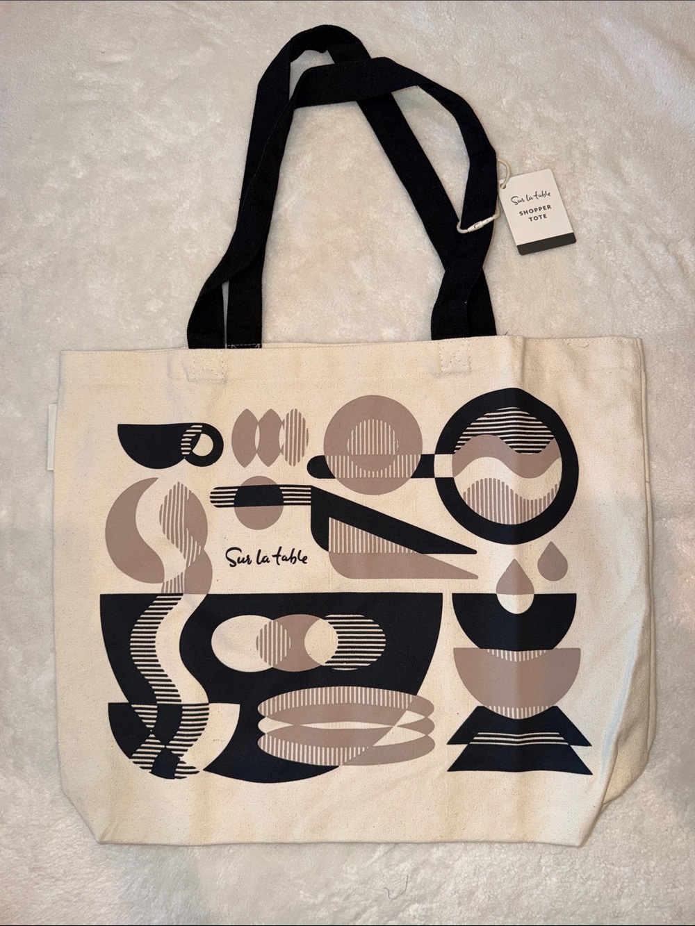 NWT Sur La Table Shopper Tote- Cream Canvas Tote with Black and Taupe Graphic